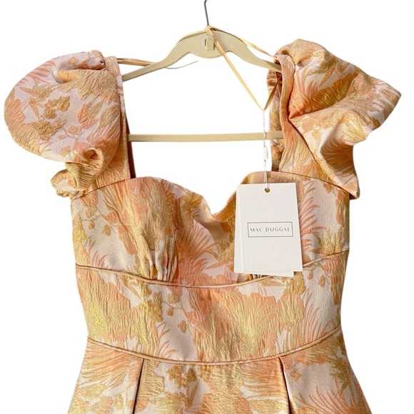 Mac Duggal 68276 Bubble Hem Square Neck Floral Puff Sleeve Hi-Lo Brocade Gown - Picture 4 of 16